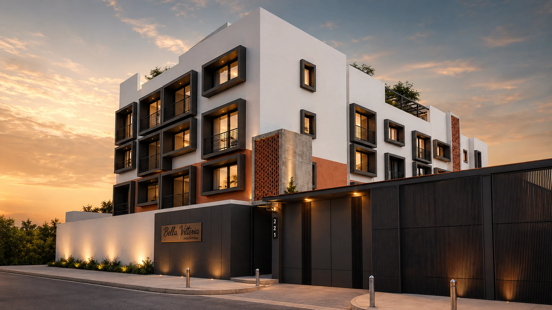 Fachada de BellaVittoria al atardecer, desarrollo residencial boutique en Lomas de la Victoria